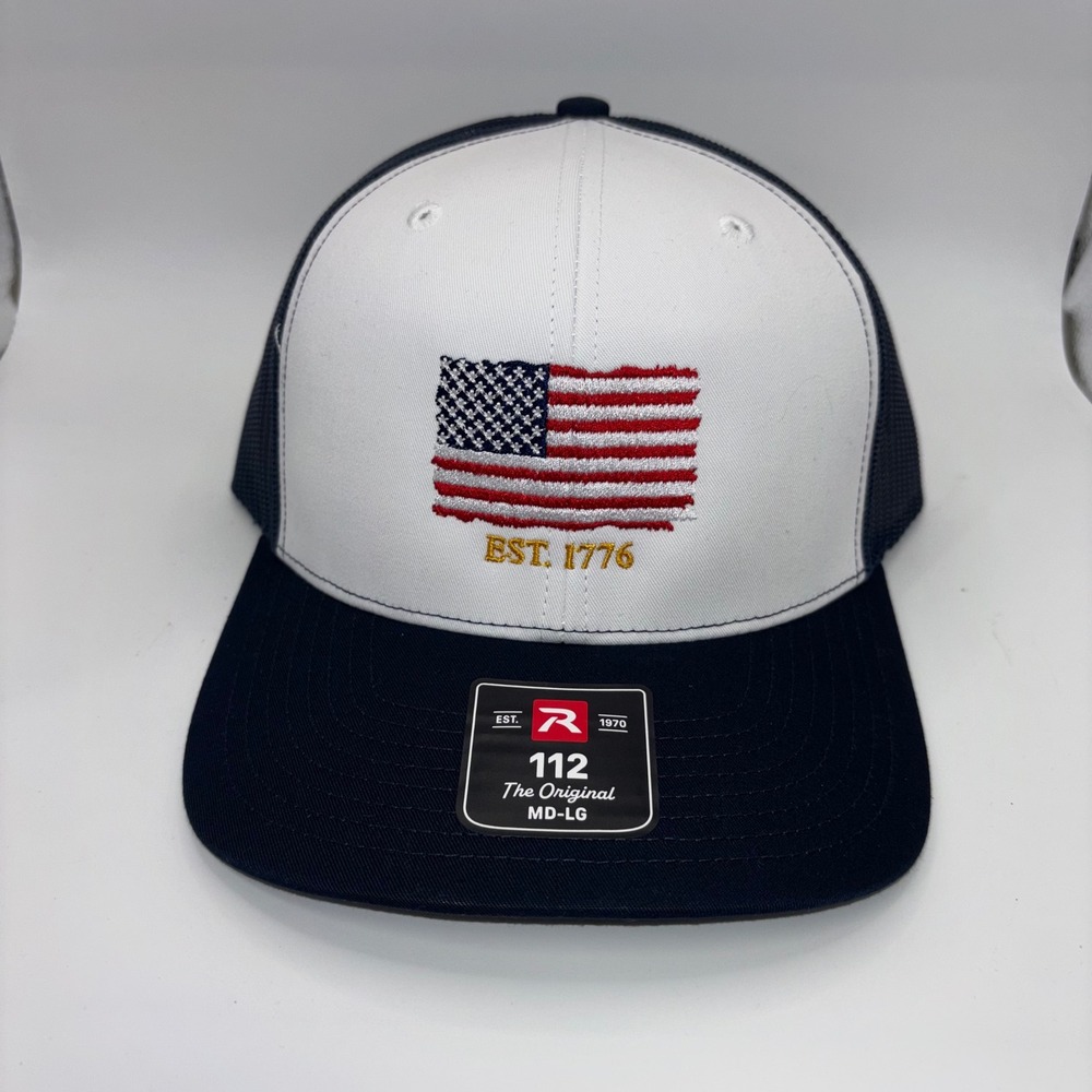 Richardson 112 Trucker Hat American Flag Est 1776 Navy White Mesh Snapback Cap